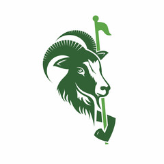 Creative Flat Style Goat Head with Golf Stick Sport Mascot Illustration