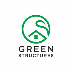 Modern Minimalist Green Structure Logo Design with Leaf and House Symbol