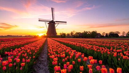 Sunset over Tulip Fields with Windmill A Dutch Landscape