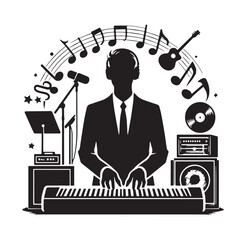 Musician Playing Keyboard with Musical Instruments and Notes