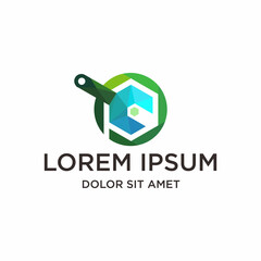 Abstract Geometric Frying Pan Culinary Element Logo Design with Green Palette