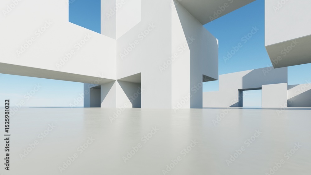 Poster 3d illustration of abstract modern architecture background, Minimal geometry architectural design, Car presentation backdrop with empty concrete floor, Geometric white blocks building design