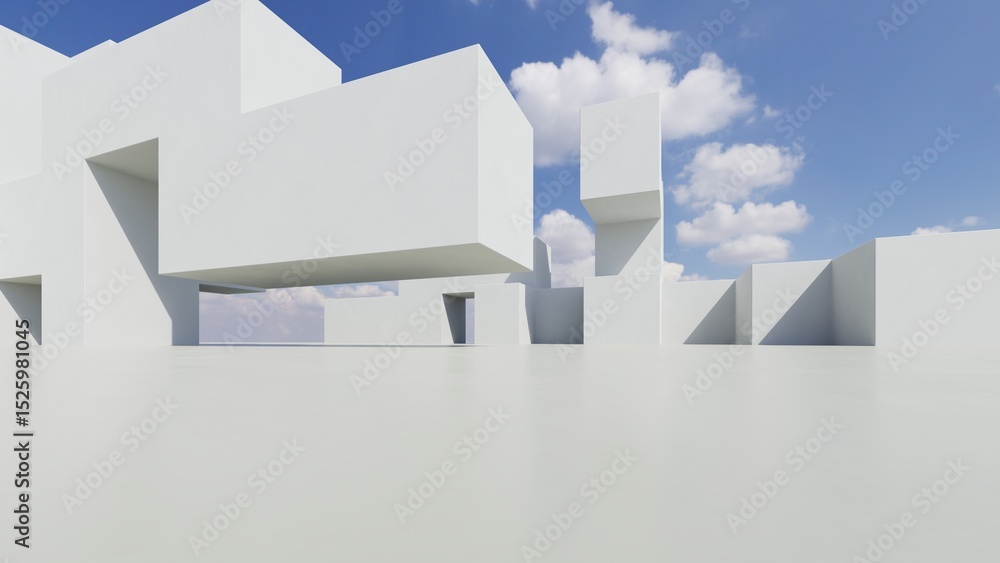 Aufkleber 3d illustration of abstract modern architecture background, Minimal geometry architectural design, Car presentation backdrop with empty concrete floor, Geometric white blocks building design