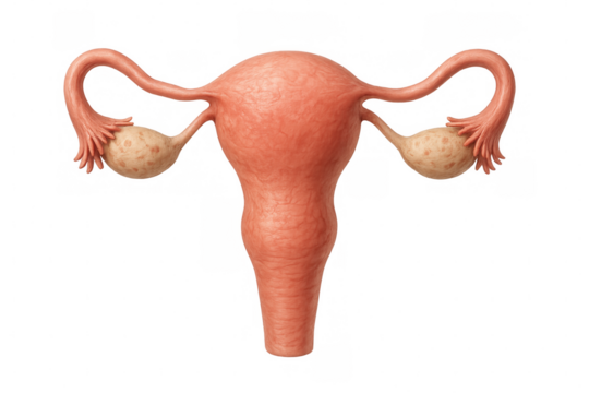 Detailed medical 3d rendering depicting female reproductive anatomy with uterus, fallopian tubes, ovaries against transparent backdrop