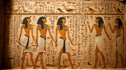 Legacy Carved in Stone: Painted Tomb Relief of Elite Egyptian Figures with Intricate Hieroglyphs Celebrating Ritual, Myth, and Divine Order. 1