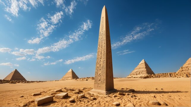 A Monument to the Sun: Egyptian Obelisk and Sacred Pyramids Rising from the Sands Under a Brilliant Desert Sky. 1