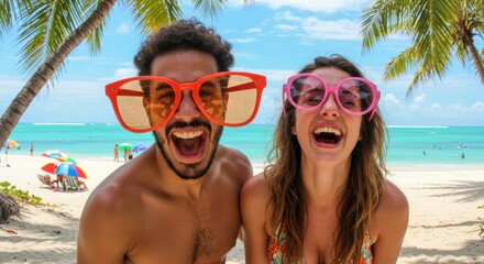 Obraz premium Laughing couple posing in large sunglasses on tropical beach