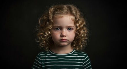 Serious Young Girl with Blonde Curly Hair in Dark Studio