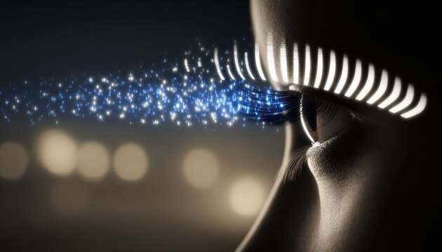 Close-up of eye with digital particles - Powered by Adobe