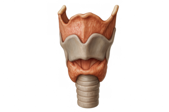 Medical 3d rendering visualizing human larynx anatomy, showing thyroid structures and cricoid cartilage against transparent backdrop
