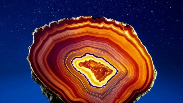 Striking agate slice showcasing vibrant concentric bands against a starry sky backdrop, polished gemstone layers, organic rock formation.