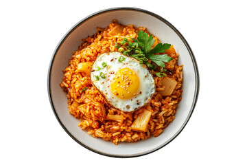 Spicy kimchi fried rice topped with a sunny-side-up egg yolk and herbs in ceramic bowl, isolated on white transparent background, concept of Asian cuisine