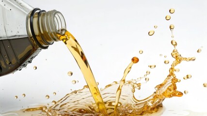 Splashes of engine oil pouring from a plastic bottle isolated on white background