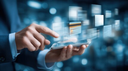 Close Up of Hand Using Smartphone Surrounded by Digital Transaction