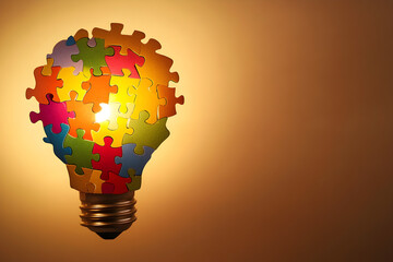 Puzzle pieces forming a light bulb, with soft background and empty space on the side symbolizes mental clarity or awareness.