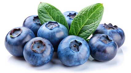 Obraz premium Whole and sliced blueberries with green leaves close-up isolated on a white background