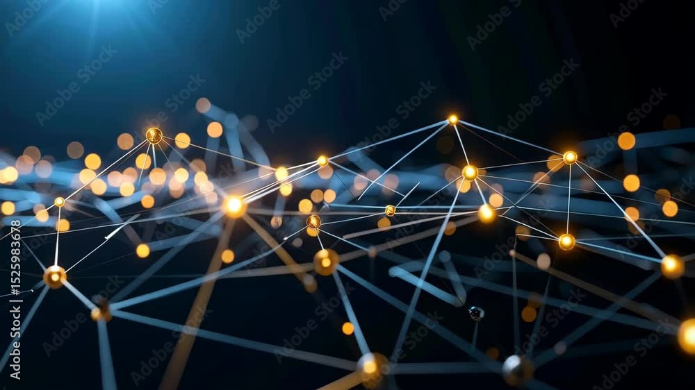 Aufkleber Abstract digital network with golden nodes and gray connections on dark gradient background representing communication and modern technology structure