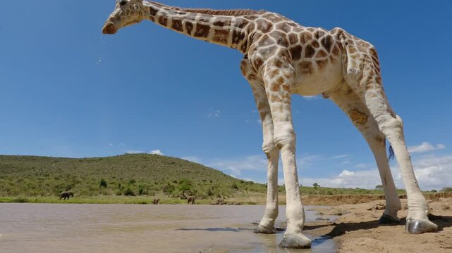 Low wide angle of Reticulated giraffe (Giraffa c. reticulata) standing near a muddy watering hole under hot midday sun in kenya 