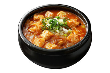 Spicy Korean kimchi jjigae with tofu, mushrooms, and green onions served in black bowl isolated on white transparent background, traditional Asian cuisine concept