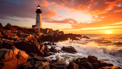 Fototapeta premium Majestic Lighthouse at Sunset Dramatic Ocean Waves Crashing on Rocky Coast