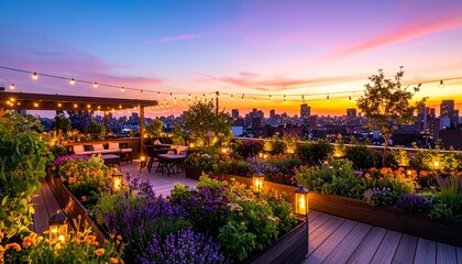 Enchanting Rooftop Garden at Sunset Urban Oasis with City Views