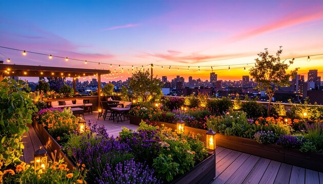 Enchanting Rooftop Garden at Sunset Urban Oasis with City Views