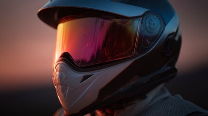 Fototapeta premium Motorcycle helmet close up with reflective visor against sunset sky