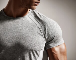 Fit man wearing gray training t-shirt