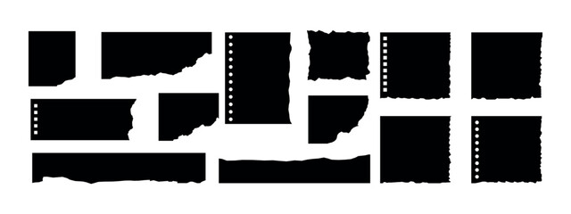Vector black jagged paper rectangle shapes set isolated on white. Rough torn edge frames collection sticker piece, shred strip, grunge border, text box shapes.