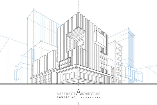 3D illustration abstract urban building out-line drawing of imagination architecture building construction design.