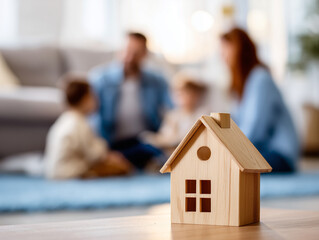 Wooden house model on table, with blurred smiling family (father, mother, child) in background. Bright living room with white walls, blue carpet, and warm natural lighting.