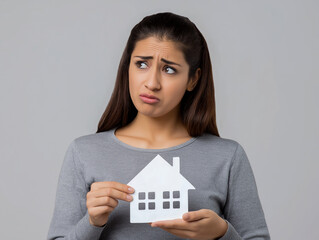 Young Indian woman with ponytail, a real estate agent, holds a white house-shaped cardboard cutout. She looks at a house model with a worried expression, set against a light grey background.
