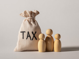 A bag labeled "TAX" beside three wooden human figures representing a family, symbolizing financial stress. Low contrast, neutral background, stock photo style with a calm, subdued atmosphere.