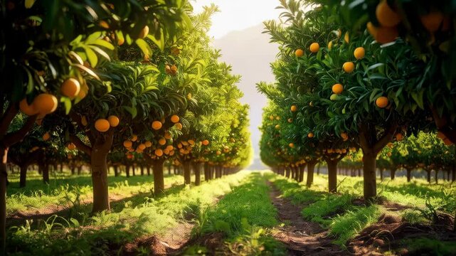 Orange trees laden with fruit in a symmetric grove, sunlight filters through, a serene and vibrant agricultural scene.
