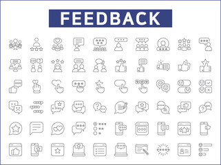 Review And feedback Icon Set. Vector collection of customer, rating, star rating, chat, testimonials, survey, support, communication, sign and element symbols or logo element.