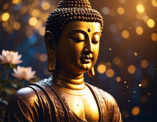 Buddha statue, serene, golden glow