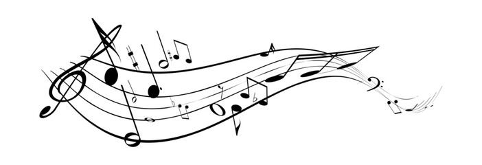 Musical notes, stave with flying notes, melody sketch with musical staff wave, comic, vector, png. Musical background for design or advertising.   © Iryna