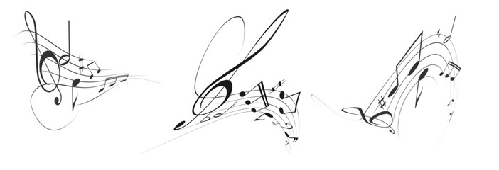 Musical notes, stave with flying notes, melody sketch with musical staff wave, comic, vector, png. Musical background for design or advertising.	
