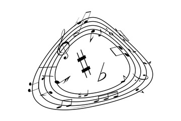 Musical notes, stave with flying notes, melody sketch with musical staff wave, comic, vector, png. Musical background for design or advertising.	
