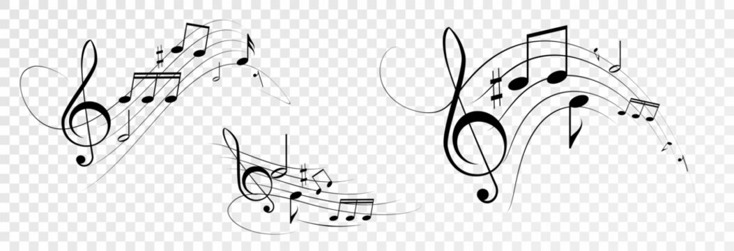 Musical notes, stave with flying notes, melody sketch with musical staff wave, comic, vector, png. Musical background for design or advertising.	
