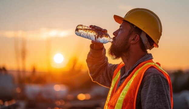 Construction worker drinking water at sunset
