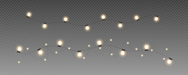 Christmas and New Year glowing garlands of bulbs and lights. Design element for holiday cards, backgrounds, business cards, vector png on transparent background.