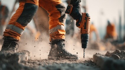 Construction worker using drill on building site