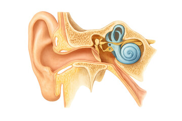 Detailed medical illustration of the human ear anatomy, highlighting the outer, middle, and inner ear structures, ideal for educational and healthcare materials