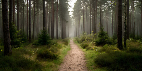 Obraz premium Misty Forest Hiking Trail Through Lush Greenery