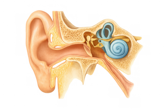 Detailed medical illustration of the human ear anatomy, highlighting the outer, middle, and inner ear structures, ideal for educational and healthcare materials