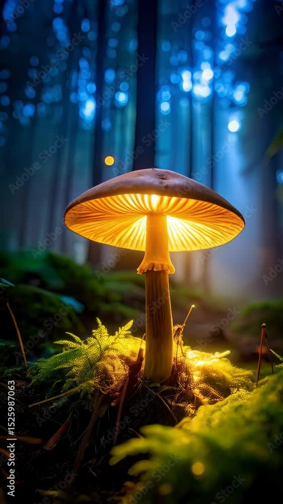 Poster illuminated mushroom in a deep forest with blurred background and bright light shining through trees