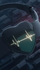 Futuristic headphones with heart shape and heartbeat graphic
