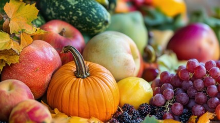 A vibrant autumn display featuring a variety of fresh fruits, including pumpkins, apples, and grapes. This colorful arrangement showcases the season's bounty and natural beauty.
