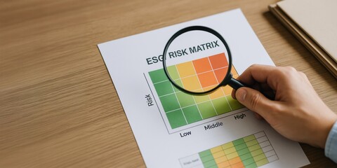 Analyzing a risk matrix with a magnifying glass on a wooden table.